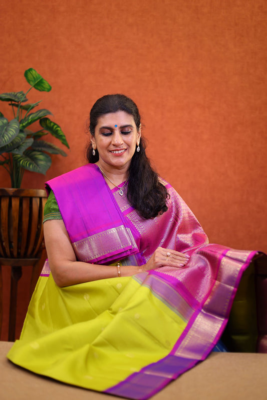 Pure Kanchipuram Silk Saree - Green Color with Purple Color Border