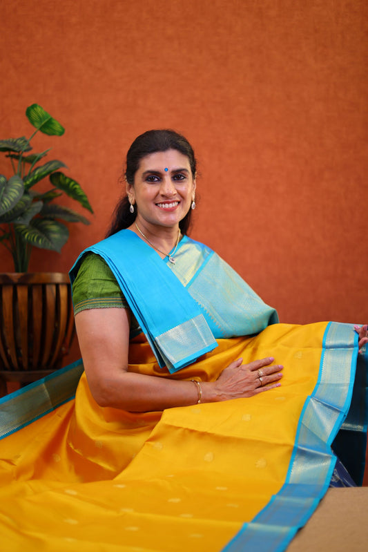 Pure Kanchipuram Silk Saree - Mustard Color with Blue Color Border