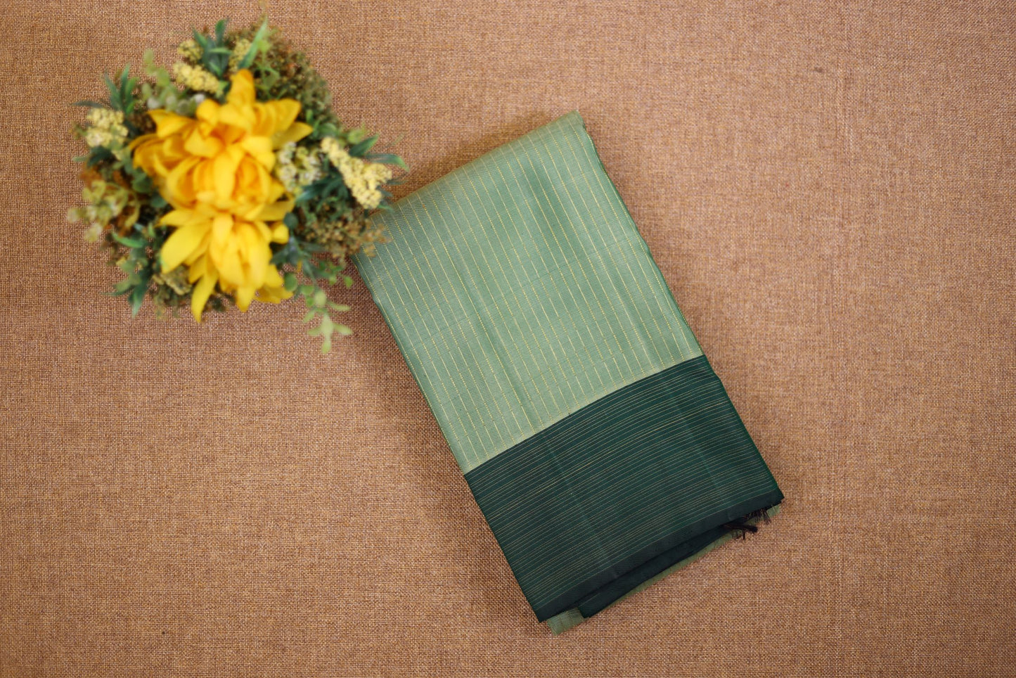 Pure Handloom Korvai Kanjivaram Silk Saree - Moss Green Color with Bottle Green Border