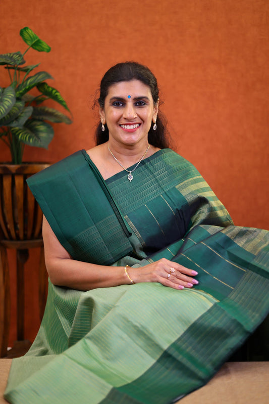 Pure Handloom Korvai Kanjivaram Silk Saree - Moss Green Color with Bottle Green Border