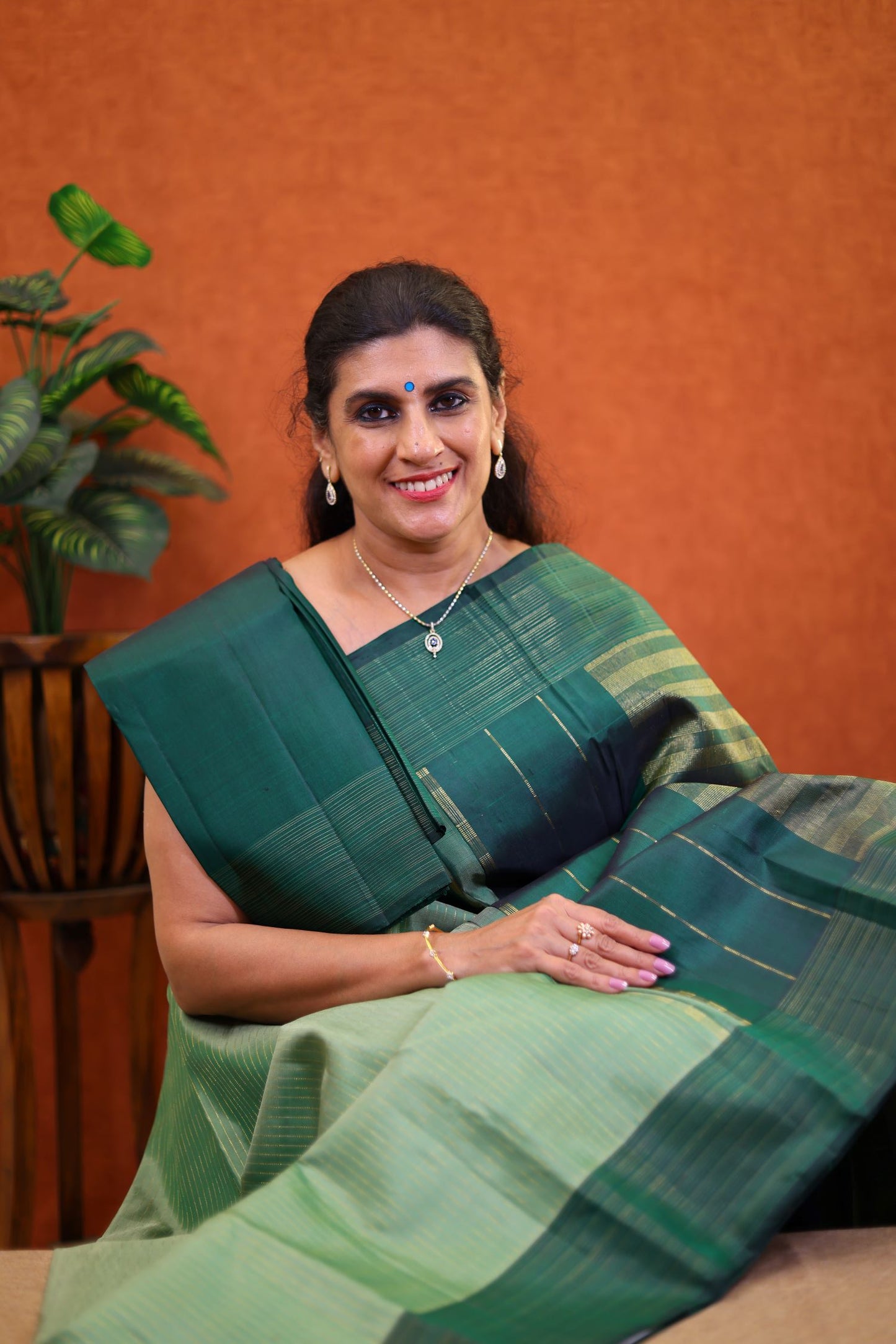 Pure Handloom Korvai Kanjivaram Silk Saree - Moss Green Color with Bottle Green Border