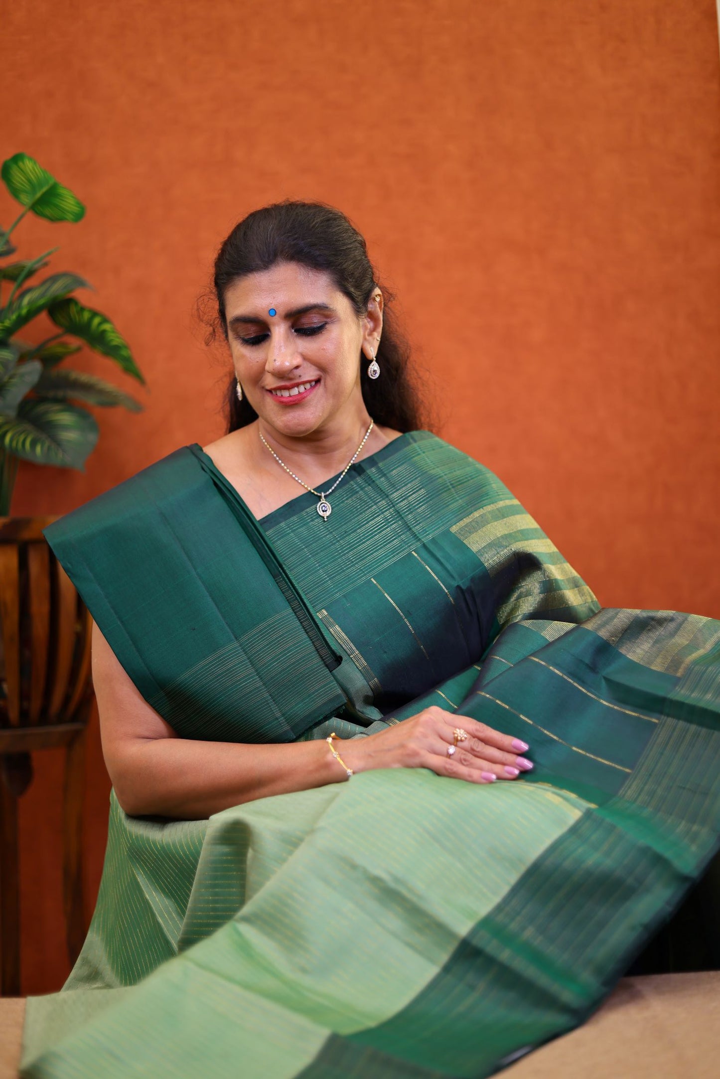 Pure Handloom Korvai Kanjivaram Silk Saree - Moss Green Color with Bottle Green Border
