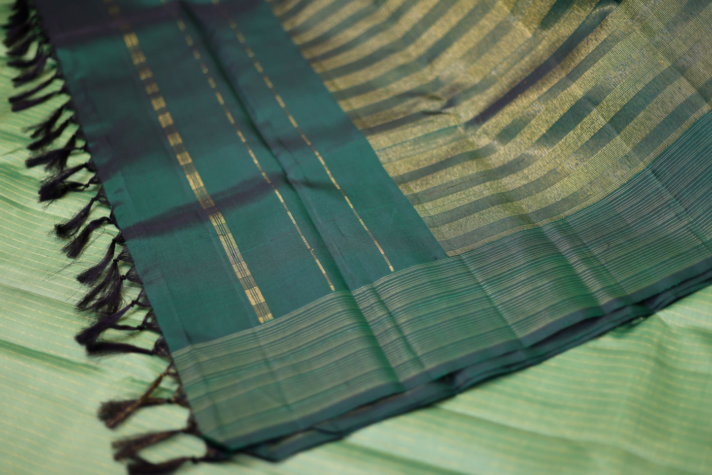 Pure Handloom Korvai Kanjivaram Silk Saree - Moss Green Color with Bottle Green Border