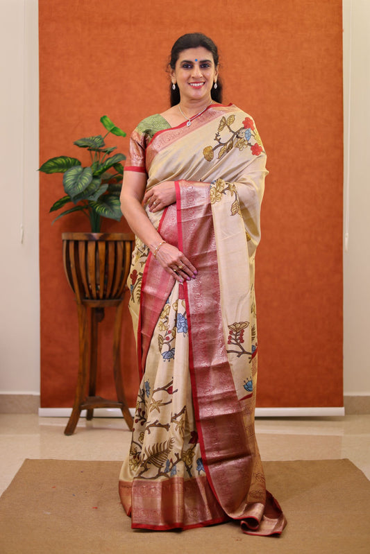 Pure Kanchipuram Silk Saree - Cream with Brown Color Border