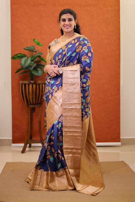 Pure Kanchipuram Silk Saree - Navy Blue Color with Cream Color Zari Border