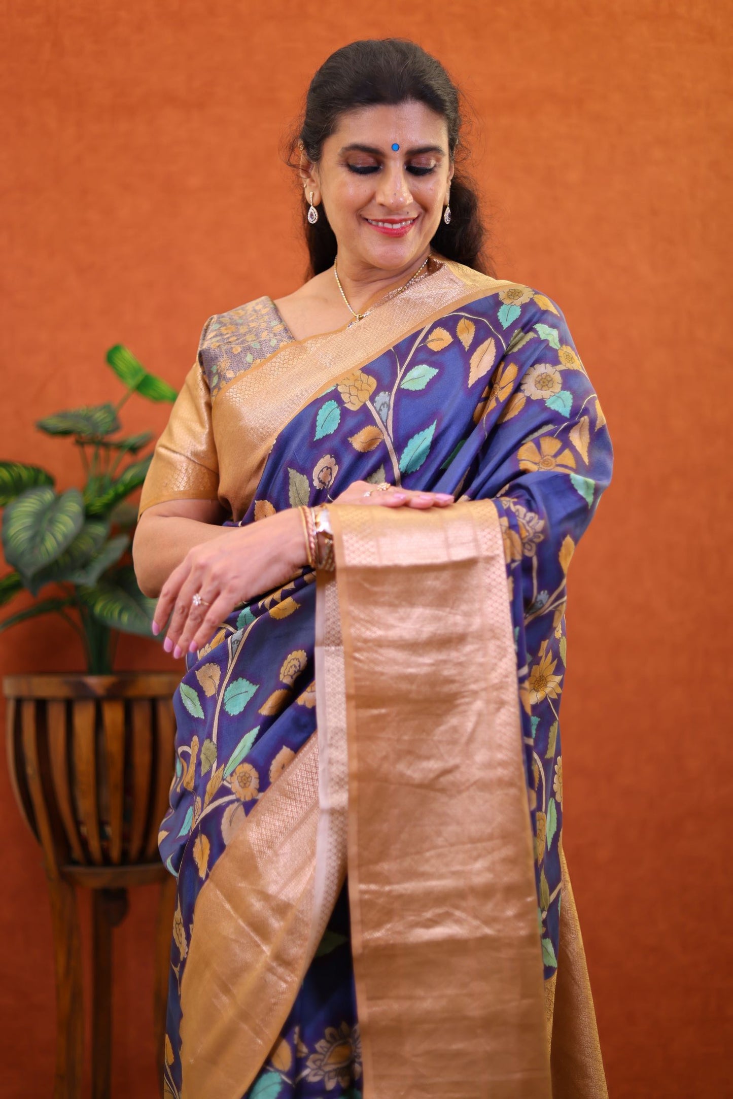 Pure Kanchipuram Silk Saree - Navy Blue Color with Cream Color Zari Border