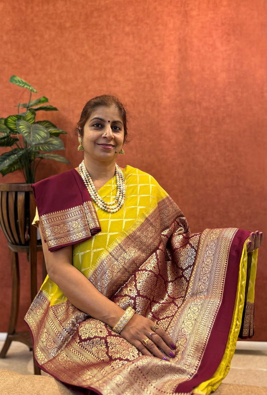 Semi Mysore Silk - Pastel Green Color with Diamond Design and Zari Border
