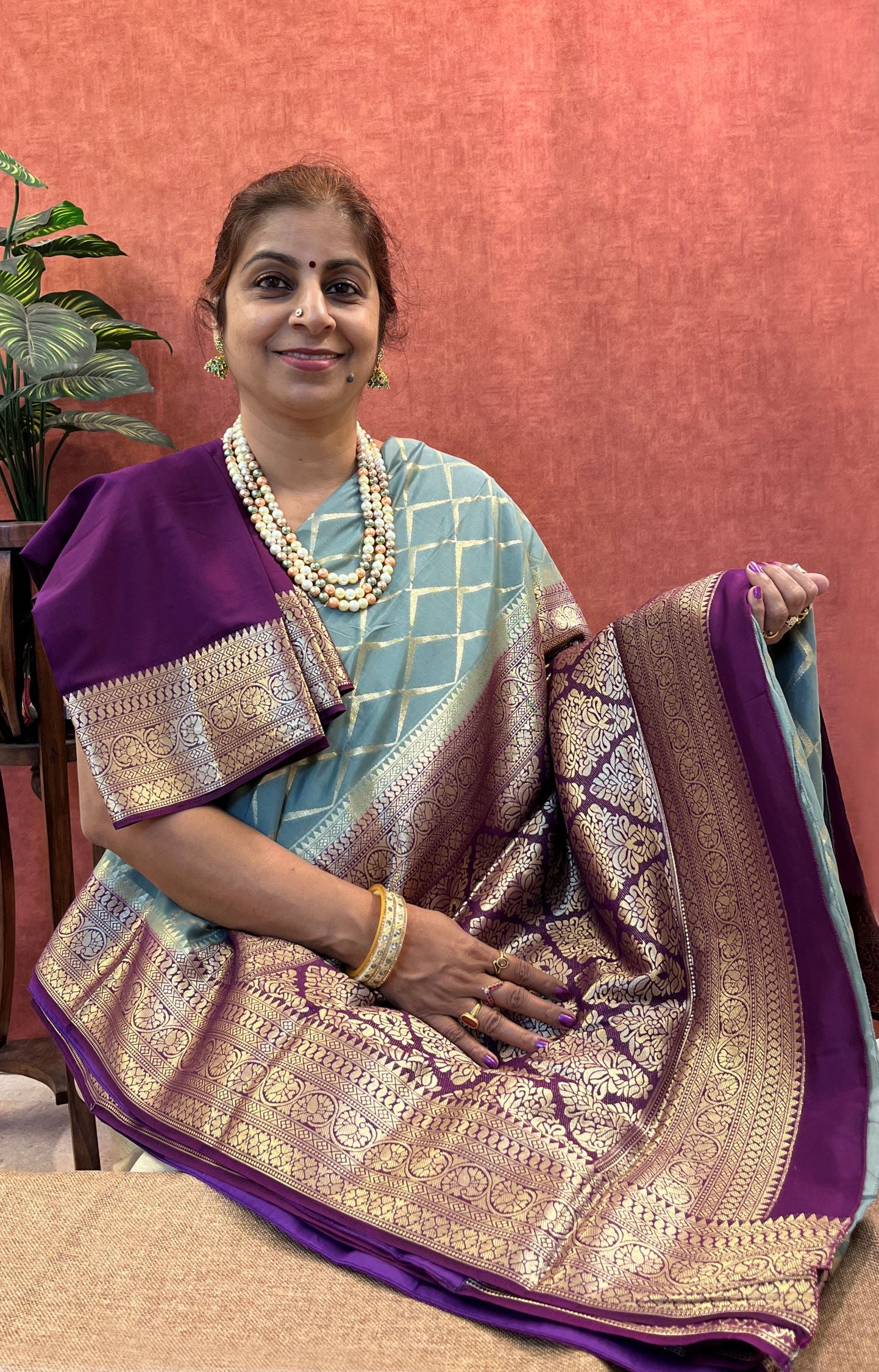 Semi Mysore Silk - Grey Color with Diamond Design and Purple Zari Border