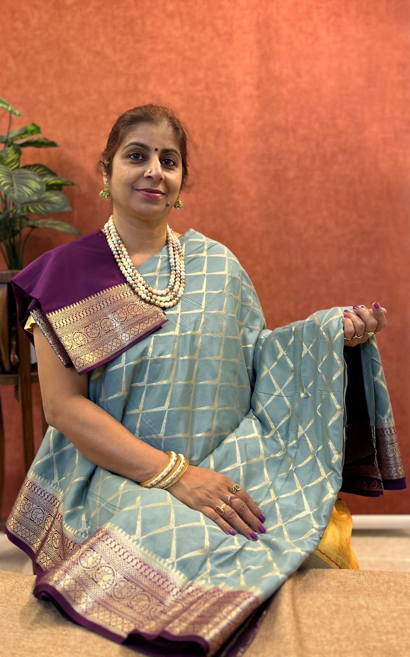 Semi Mysore Silk - Grey Color with Diamond Design and Purple Zari Border
