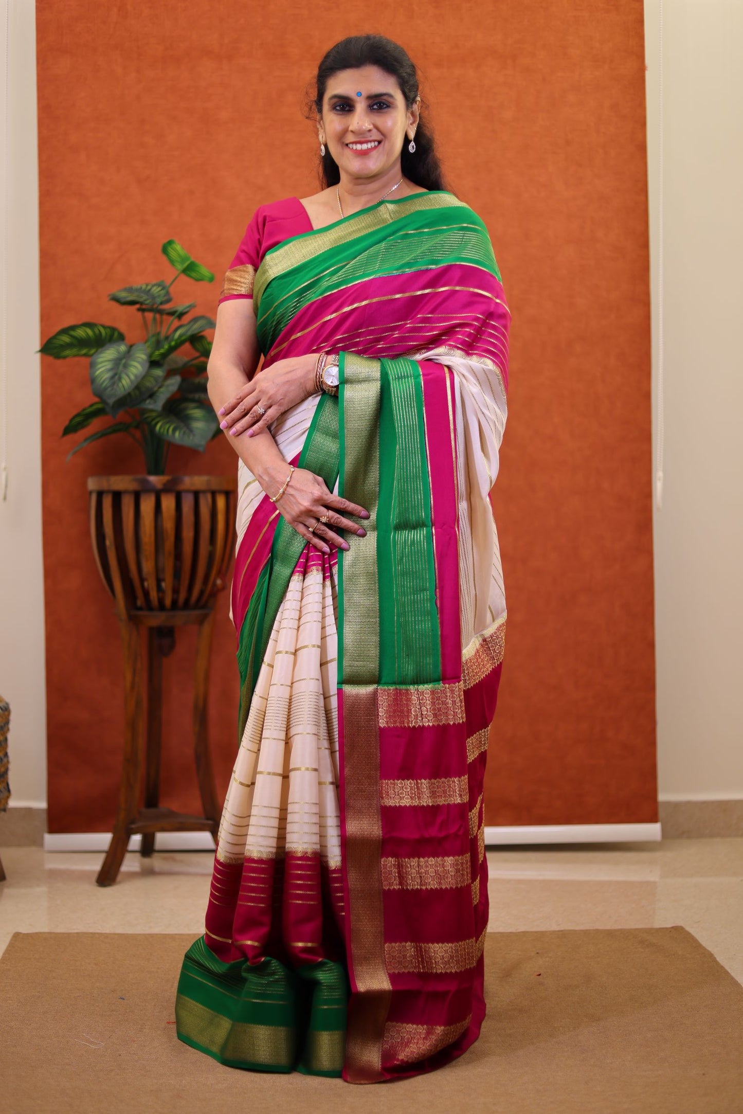 Pure Mysore Silk - Multi Color with Stripes & Zari Border