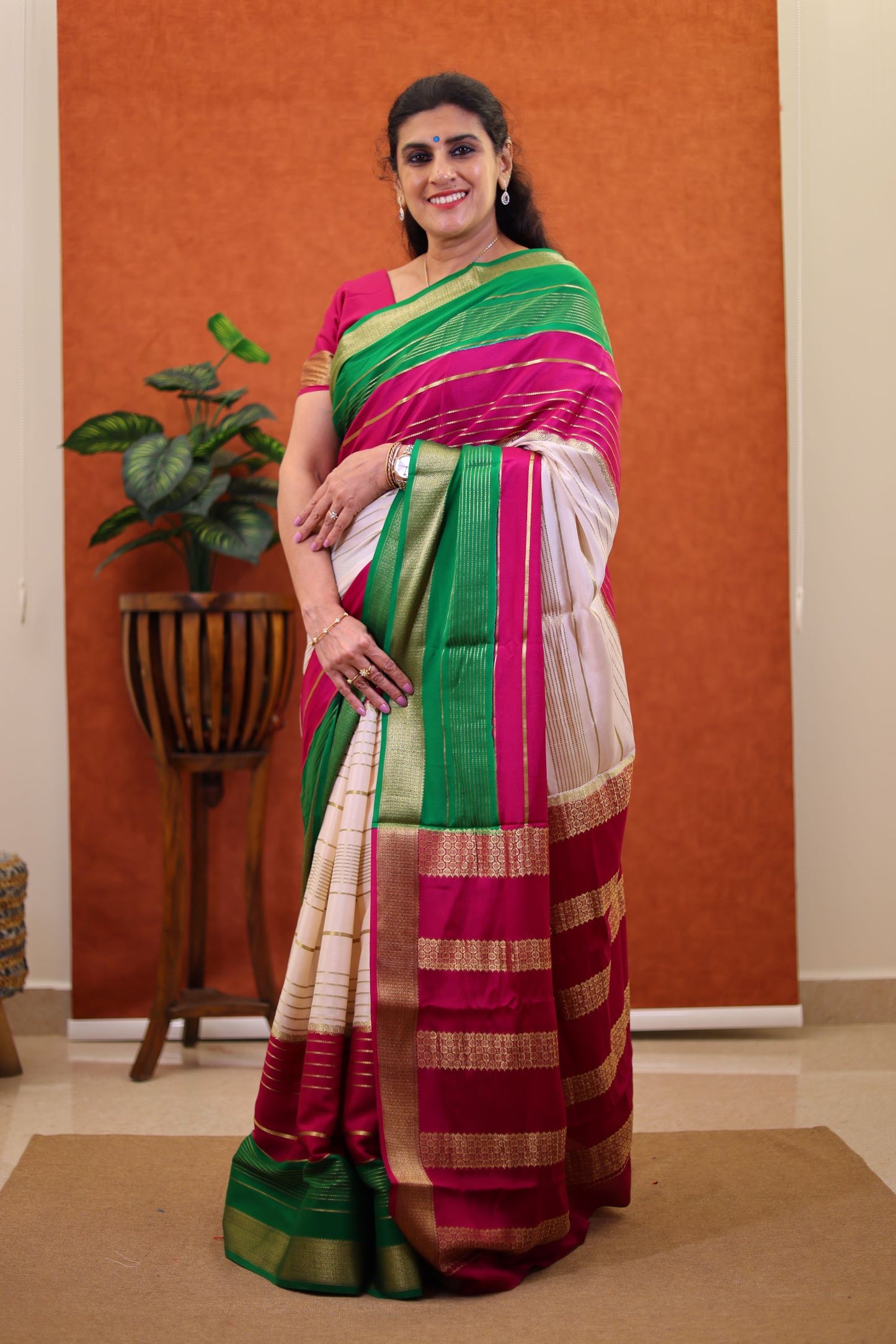 Pure Mysore Silk - Multi Color with Stripes & Zari Border