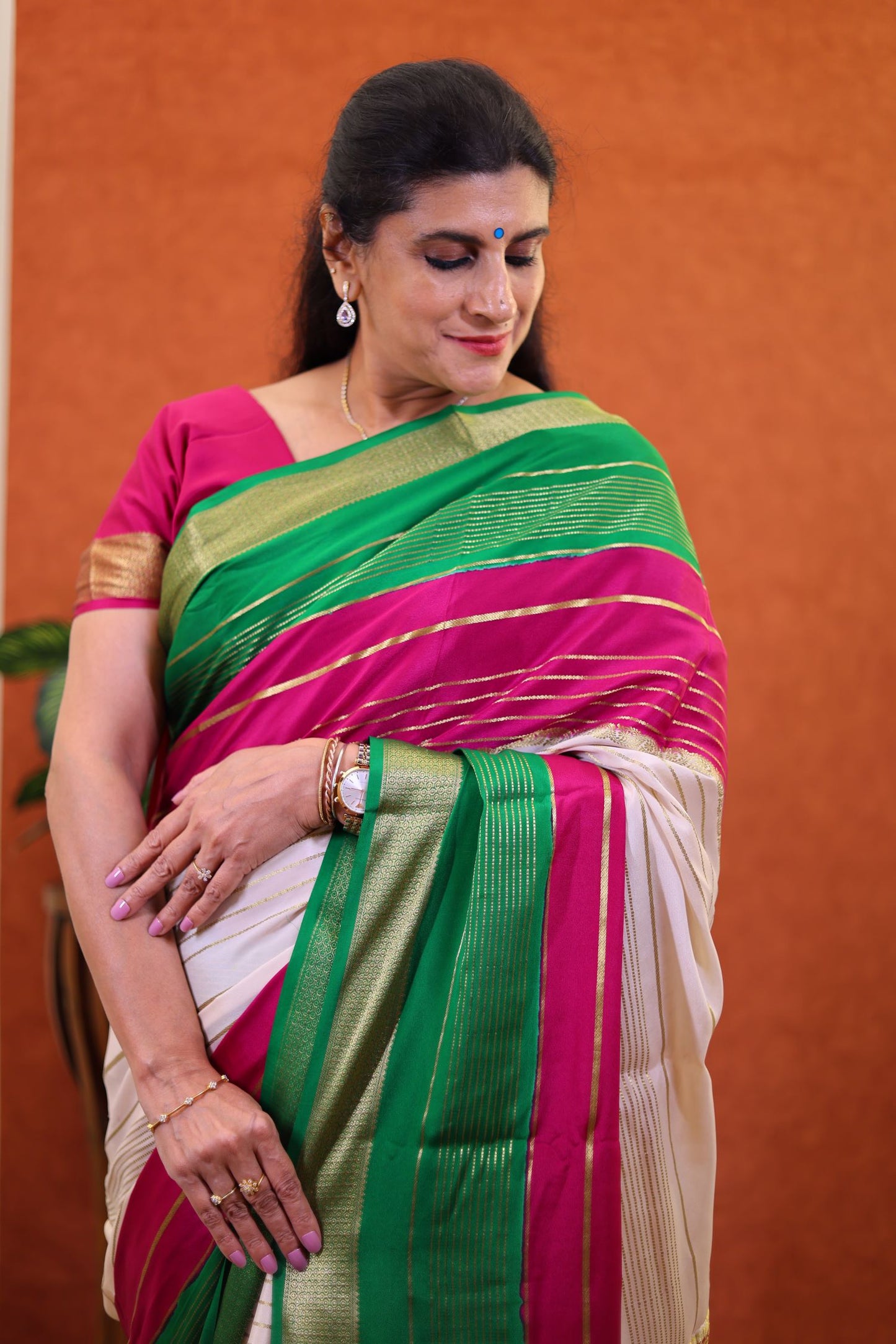 Pure Mysore Silk - Multi Color with Stripes & Zari Border