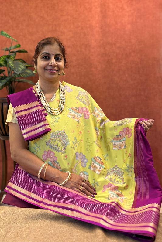Semi Mysore Silk - Light Green Color with Floral Design and Zari Border