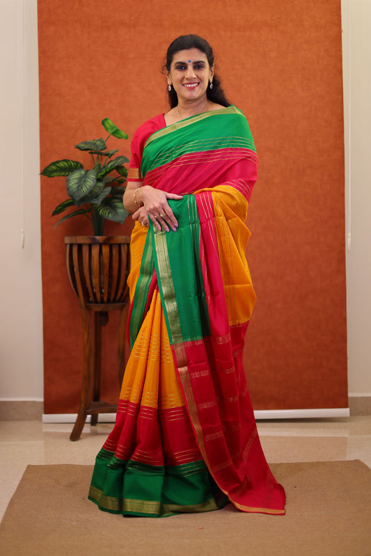 Pure Mysore Silk - Multi Color with Stripes & Zari Border