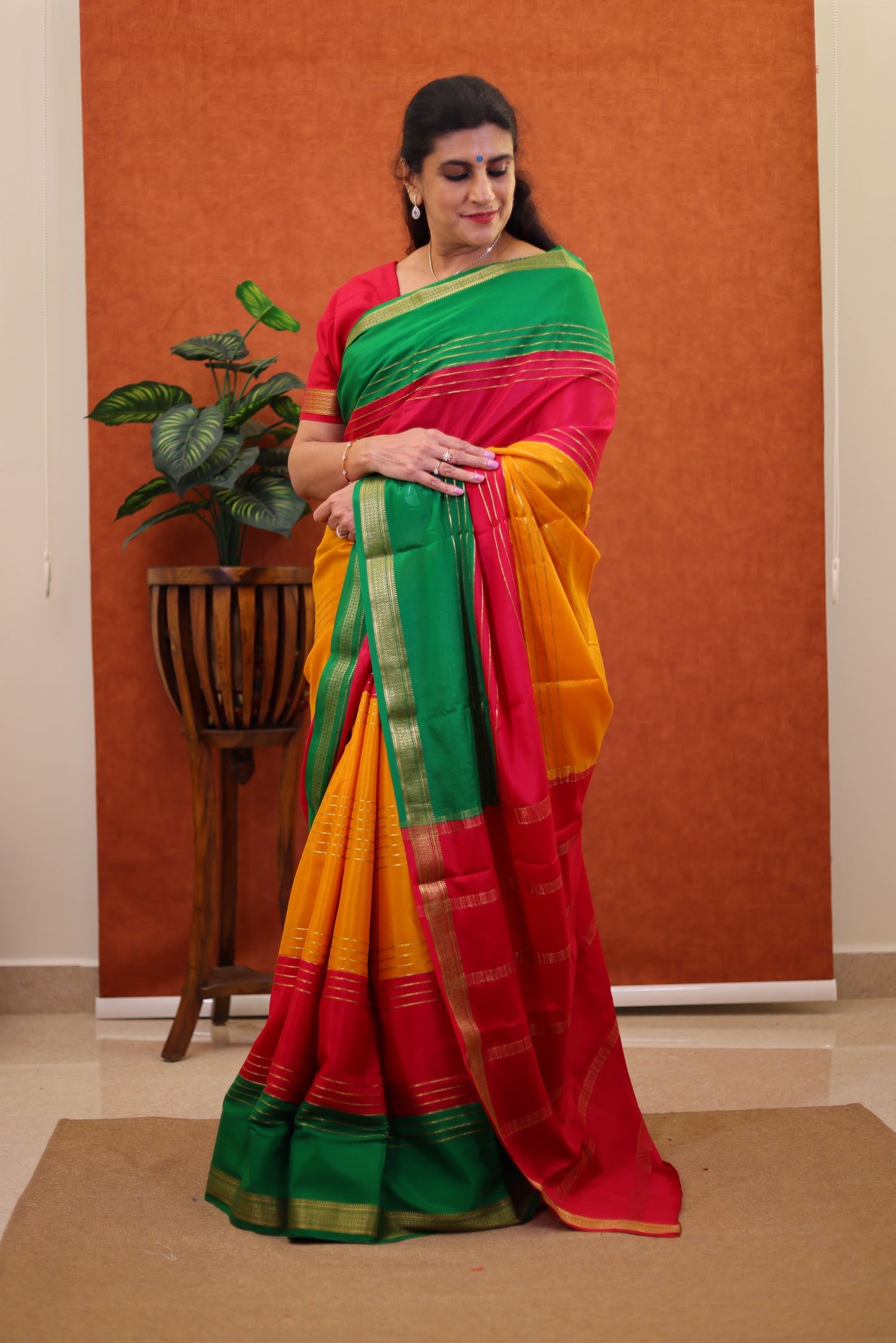 Pure Mysore Silk - Multi Color with Stripes & Zari Border