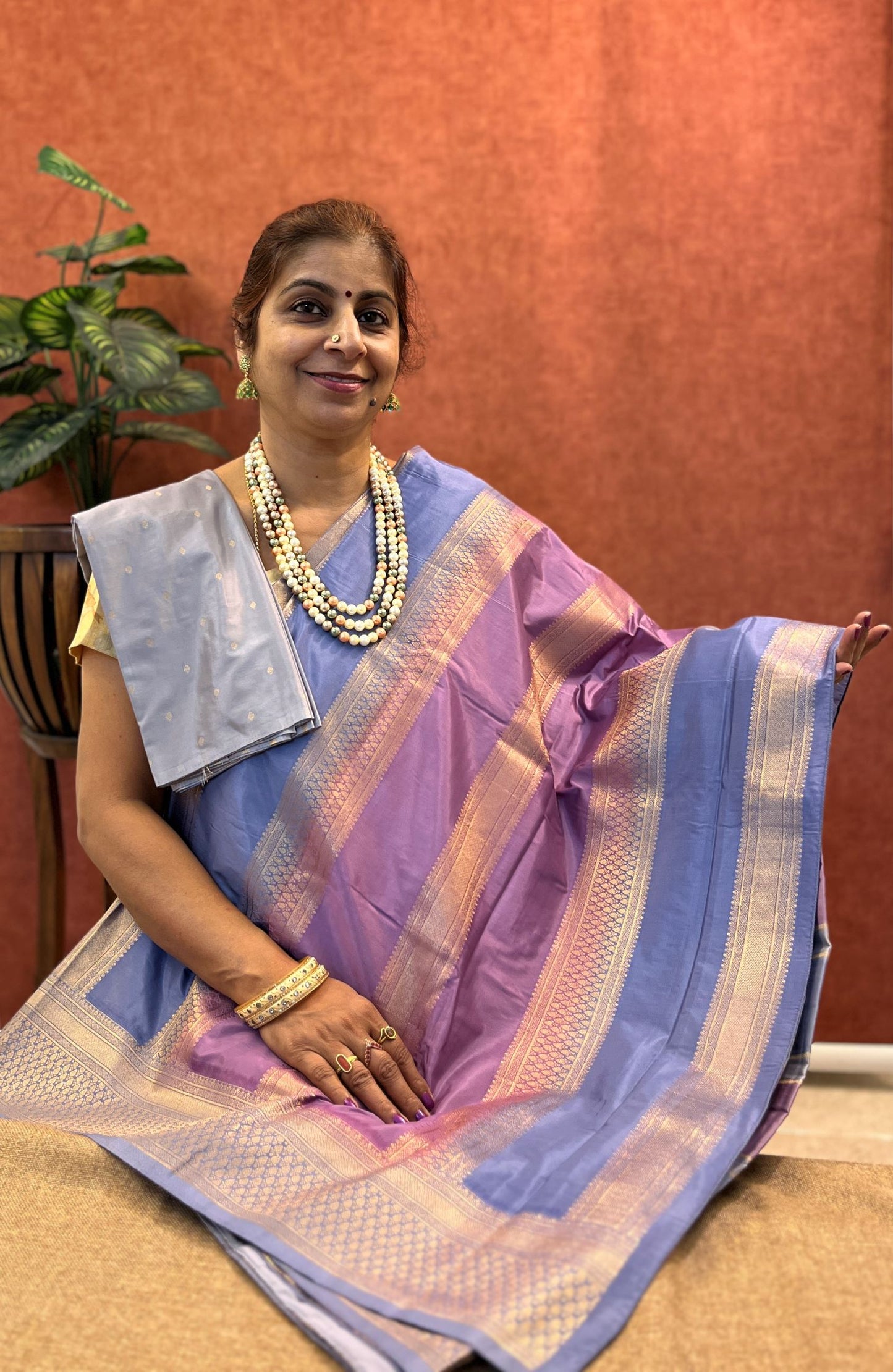 Semi Mysore Silk - Purple Color with Block Design and Zari Border