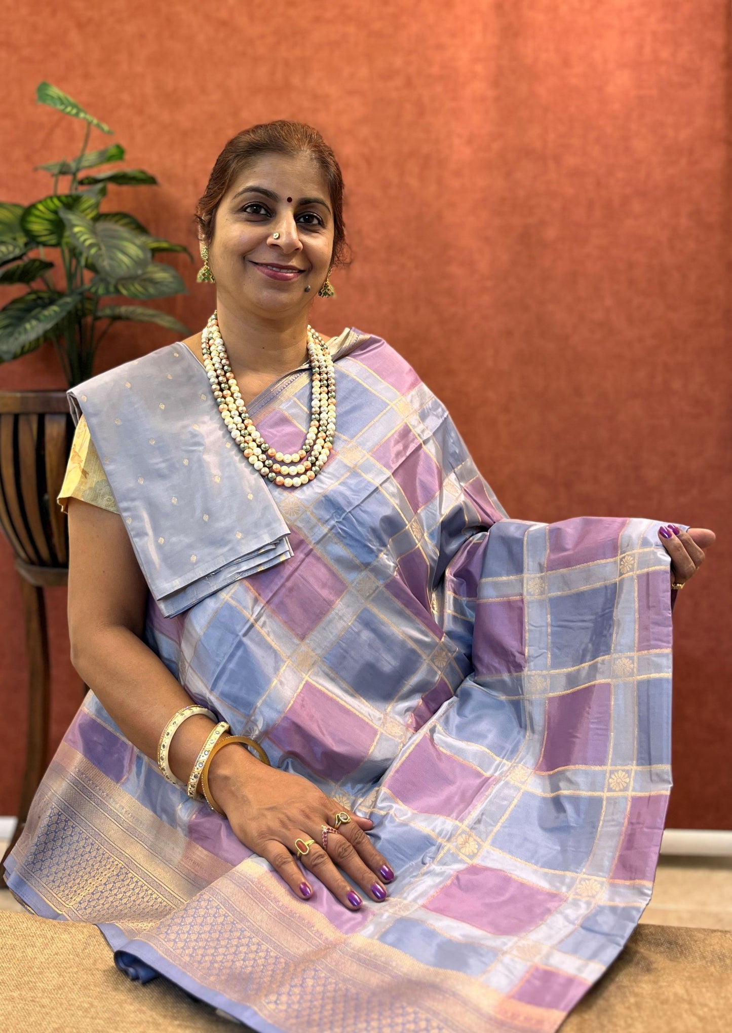 Semi Mysore Silk - Purple Color with Block Design and Zari Border