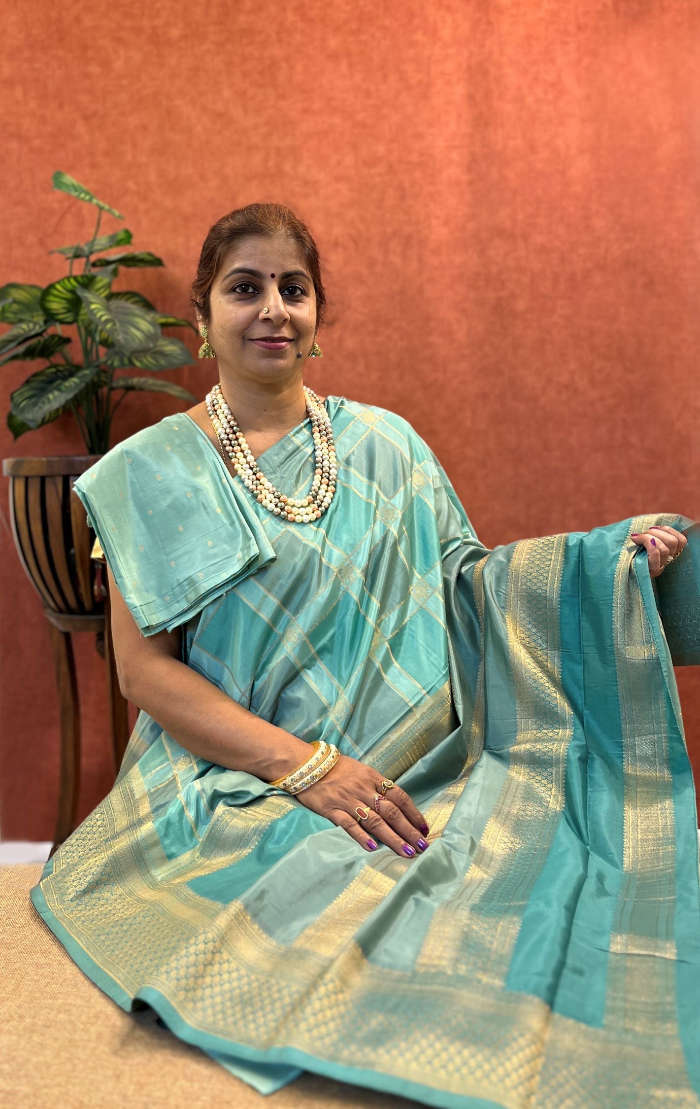 Semi Mysore Silk - Green Color with Block Design and Zari Border
