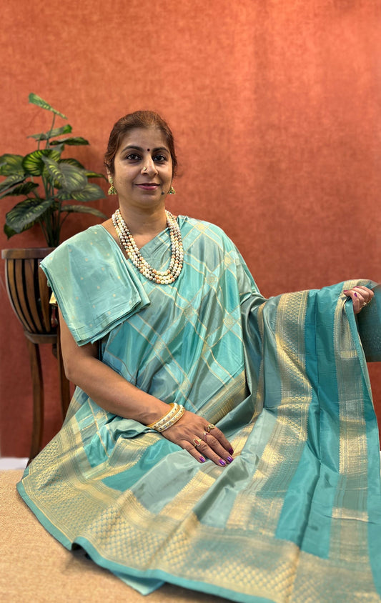 Semi Mysore Silk - Green Color with Block Design and Zari Border