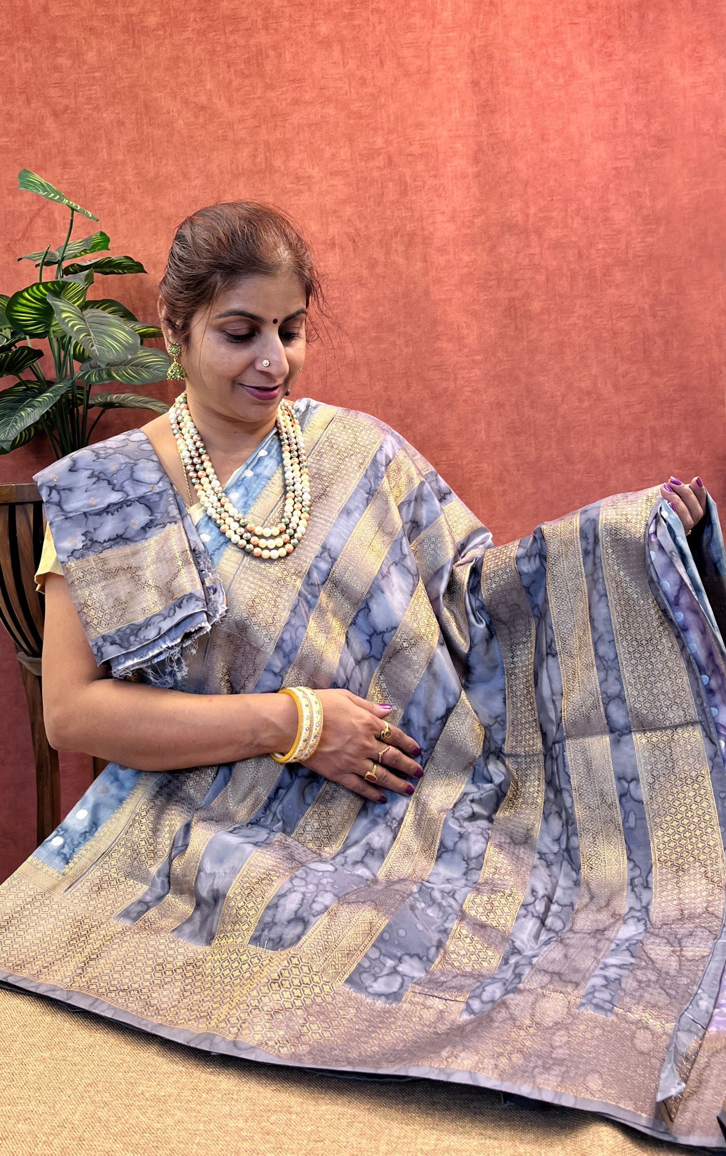 Semi Mysore Satin Crepe Silk - Shades of lavender, grey, blue Color Fancy GoGo Dye and Zari Border