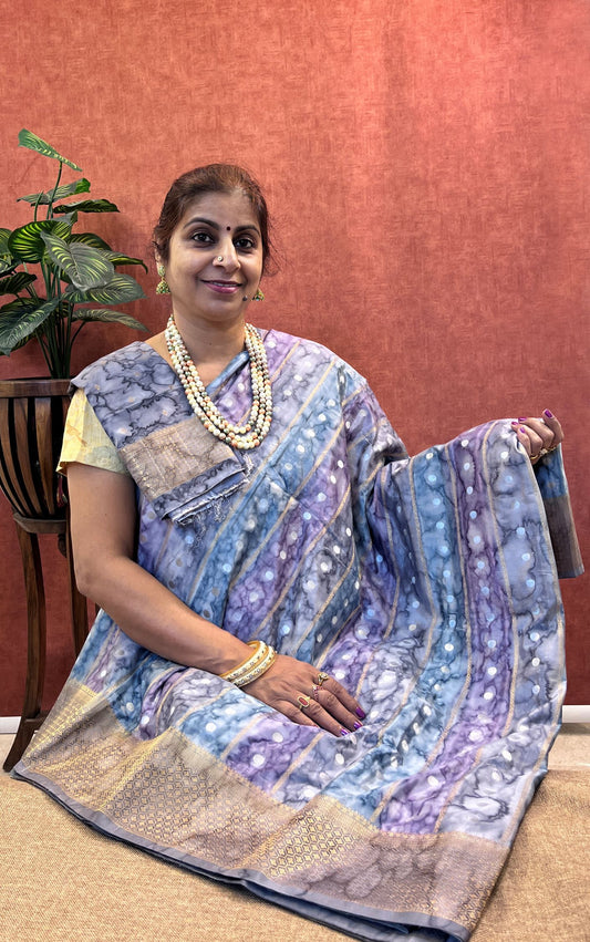 Semi Mysore Satin Crepe Silk - Shades of lavender, grey, blue Color Fancy GoGo Dye and Zari Border