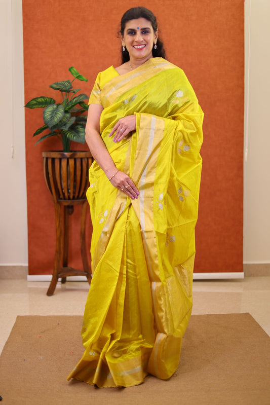 Pure Organza Silk Saree - Florescent Yellow Color with Gold Zari Border