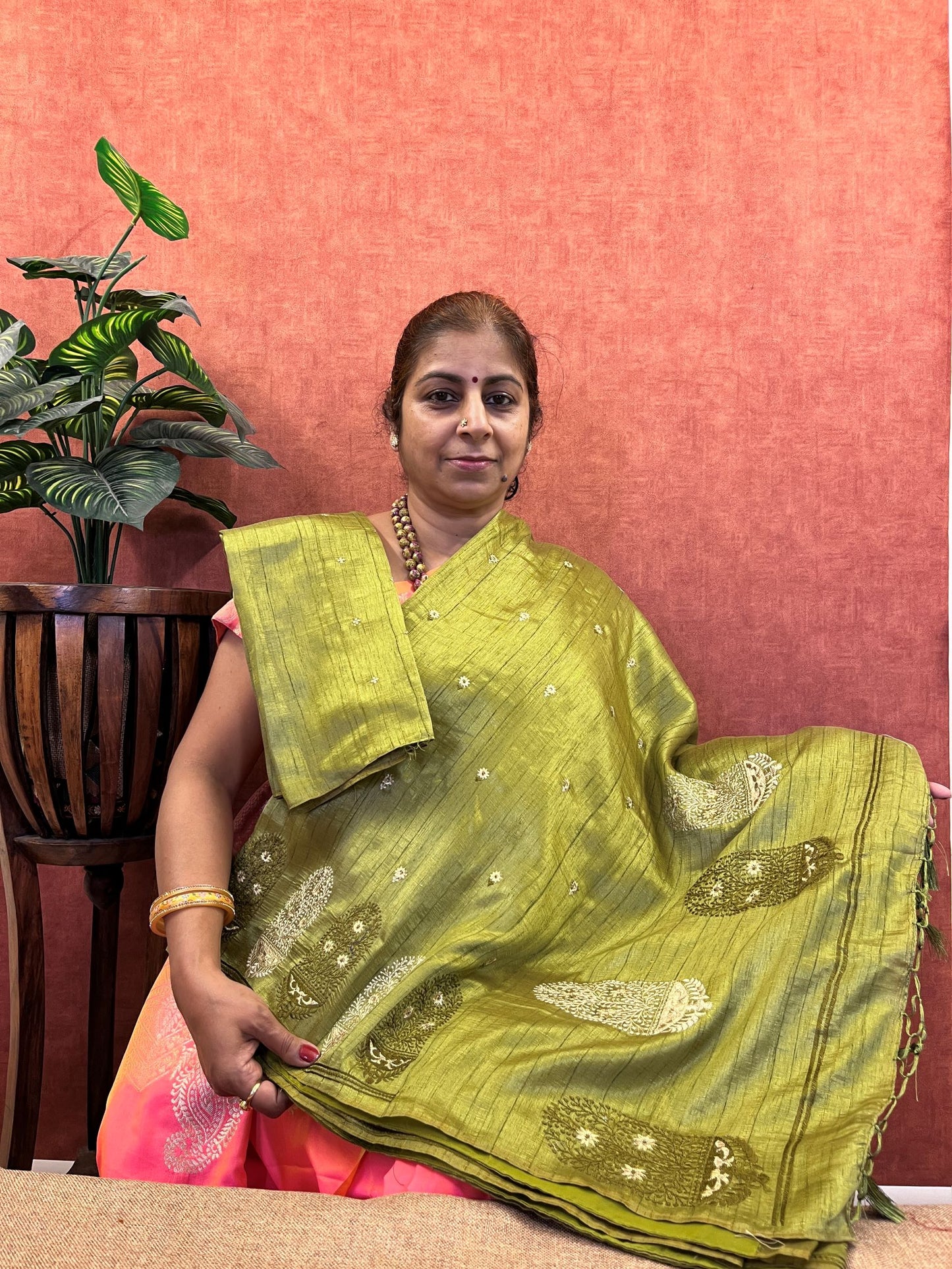 Semi Tussar Silk Saree - Olive Green Color with Embroidery Work