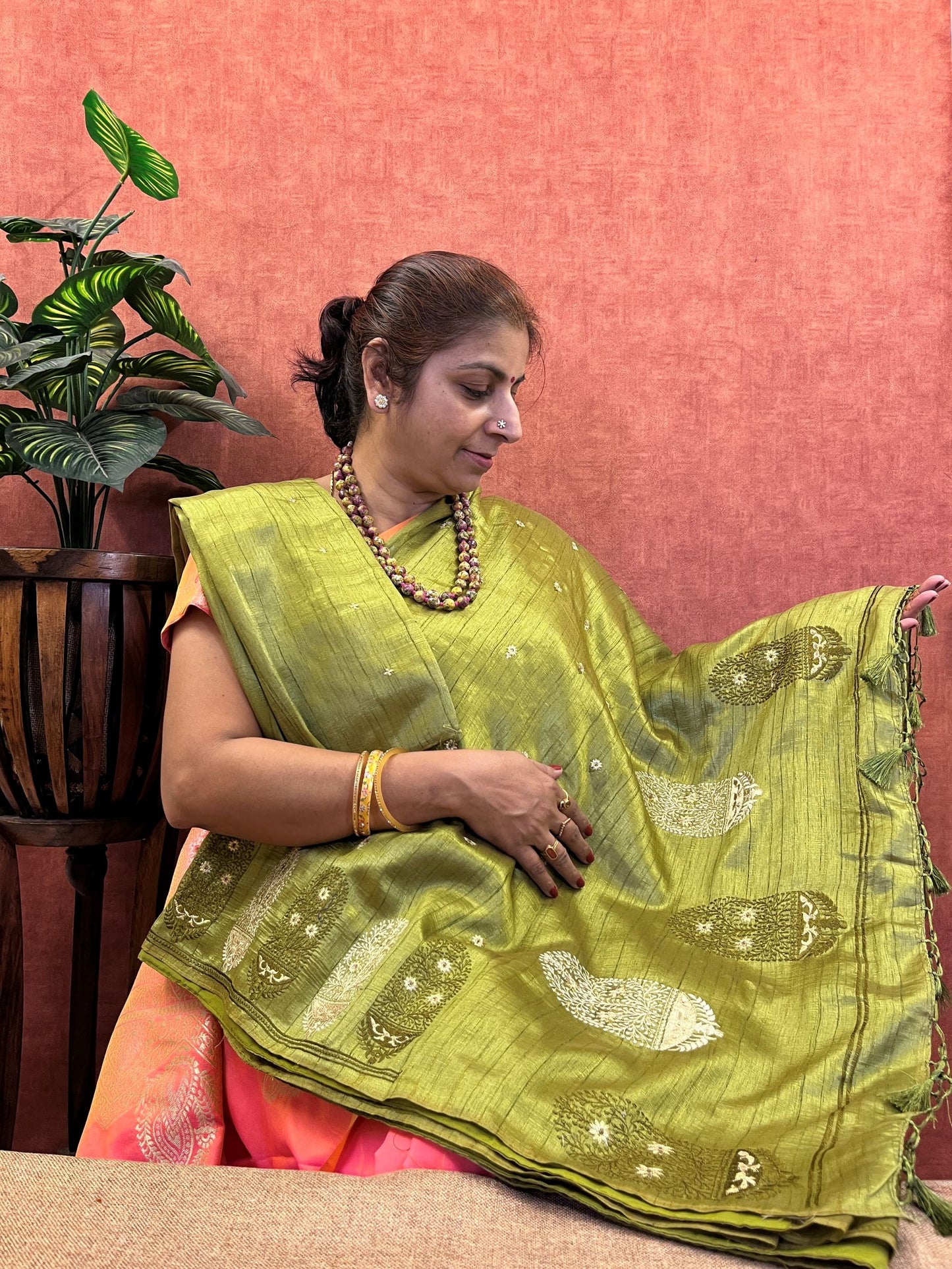 Semi Tussar Silk Saree - Olive Green Color with Embroidery Work