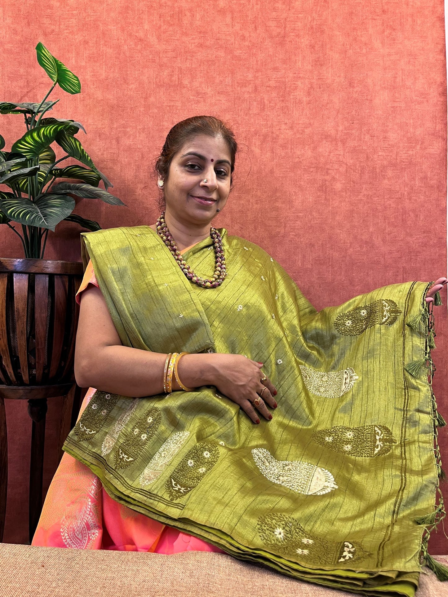 Semi Tussar Silk Saree - Olive Green Color with Embroidery Work