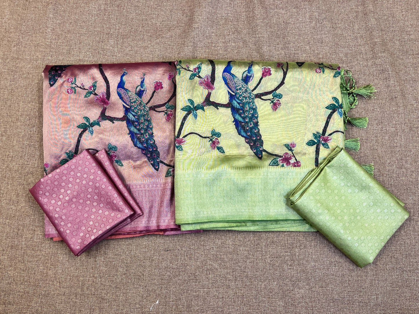 Semi Handloom Tissue Silk - Onion Pink Color with Peacock Design