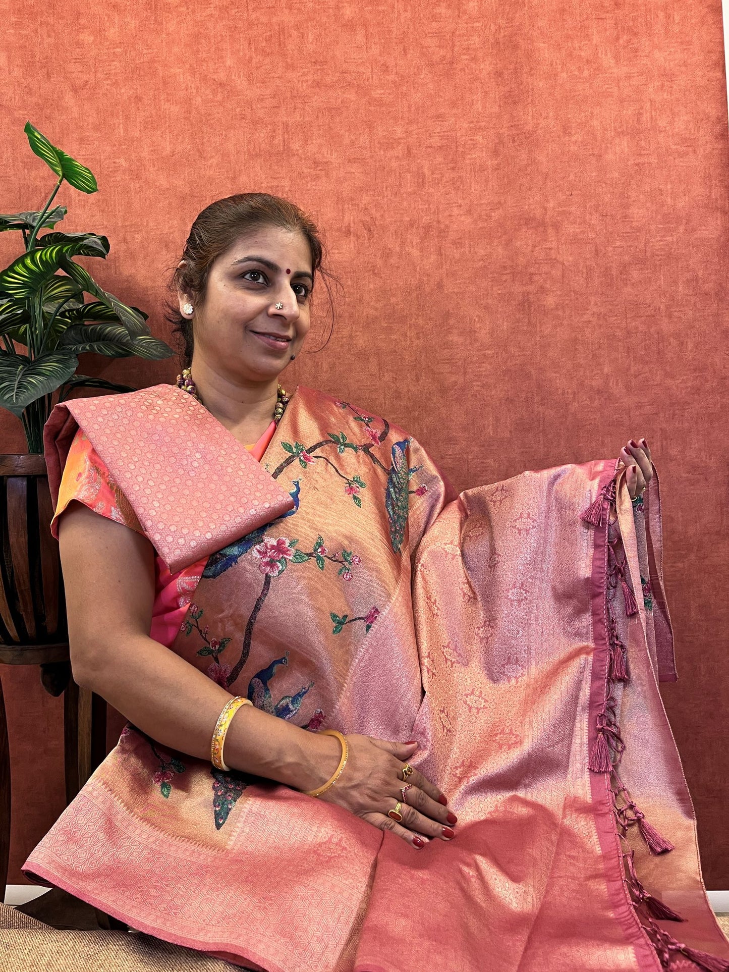 Semi Handloom Tissue Silk - Onion Pink Color with Peacock Design
