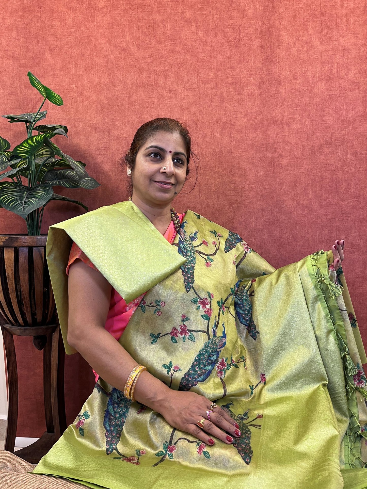 Semi Handloom Tissue Silk - Olive Green Color with Peacock Design