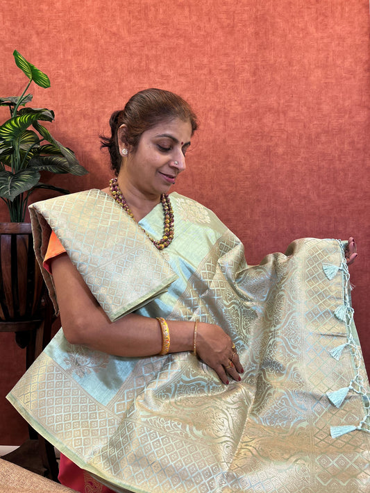 Semi Tussar Saree - Blue Color with Zari Border