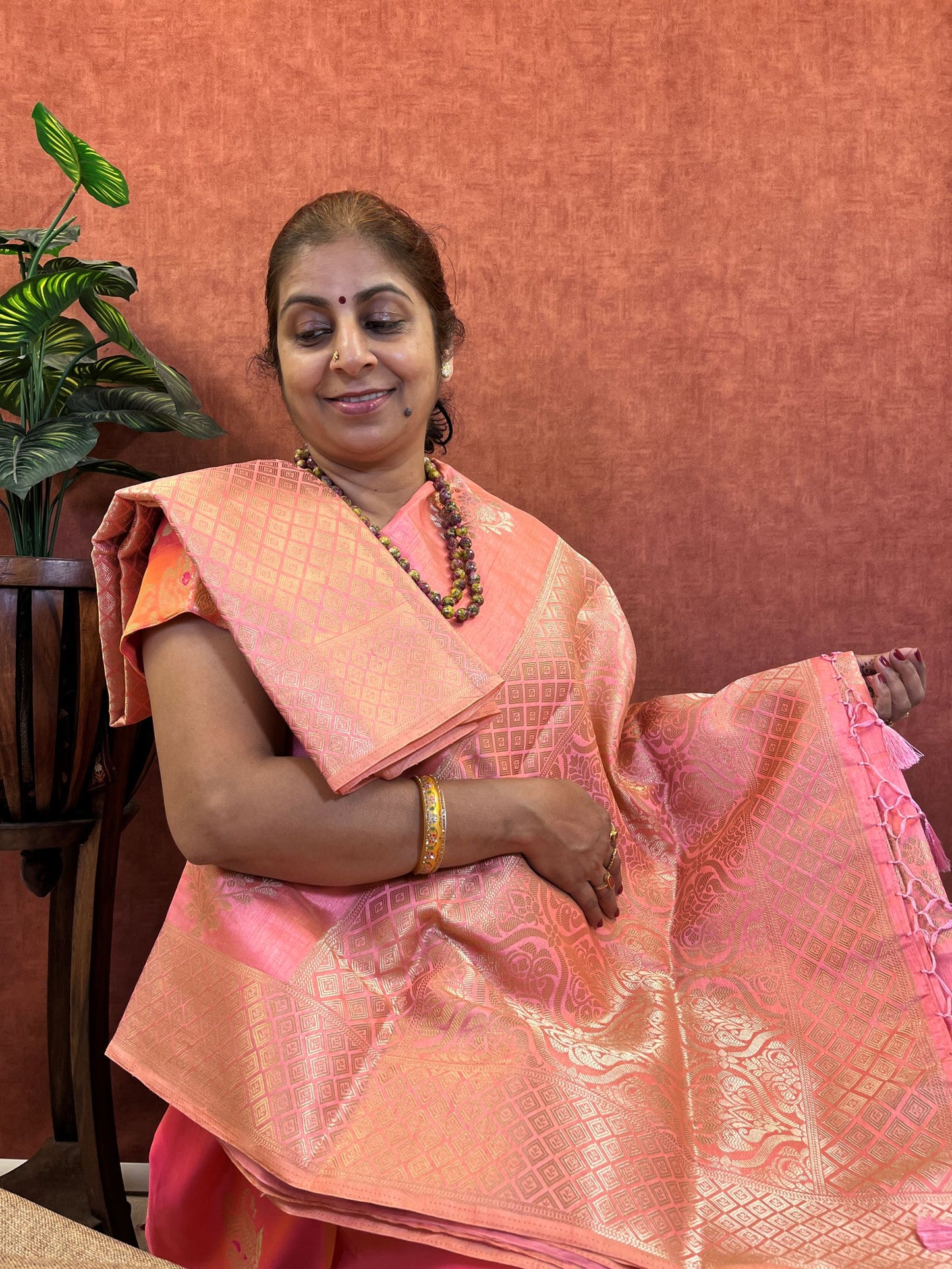 Semi Tussar Saree - Peach Color with Zari Border