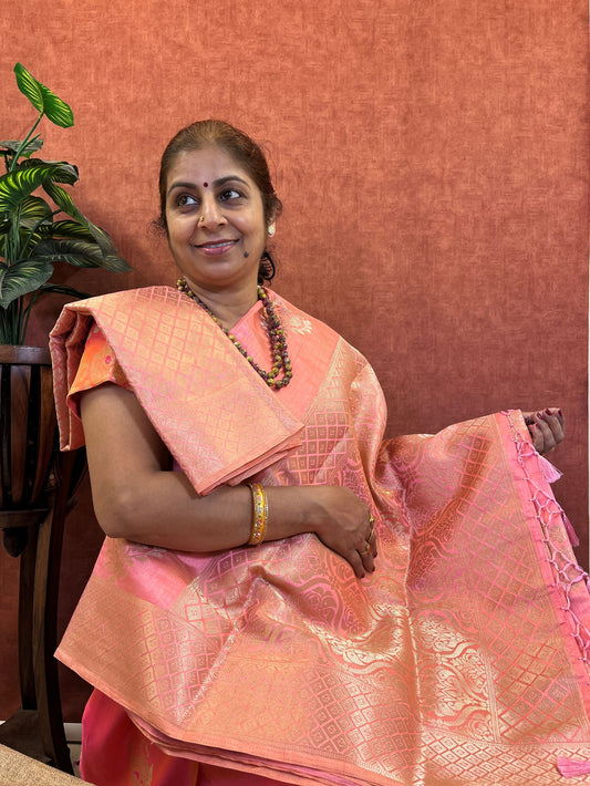 Semi Tussar Saree - Peach Color with Zari Border