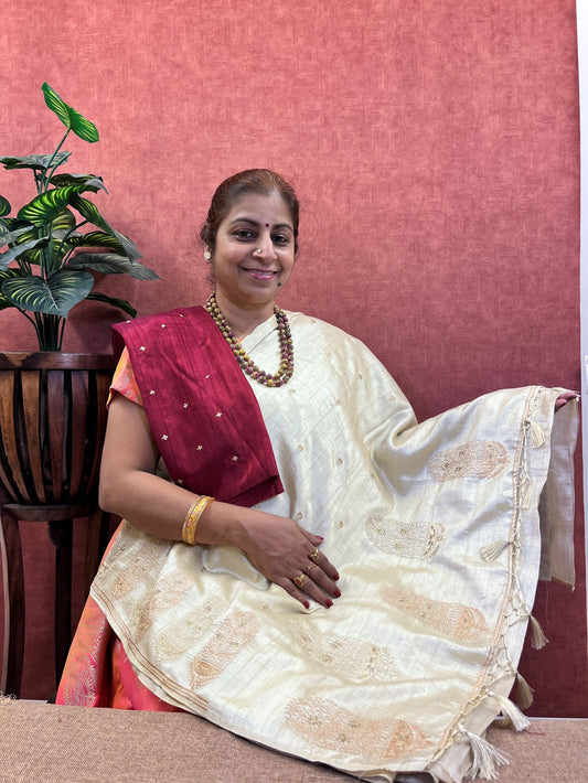 Semi Tussar Silk Saree - Ivory Color with Embroidery Work