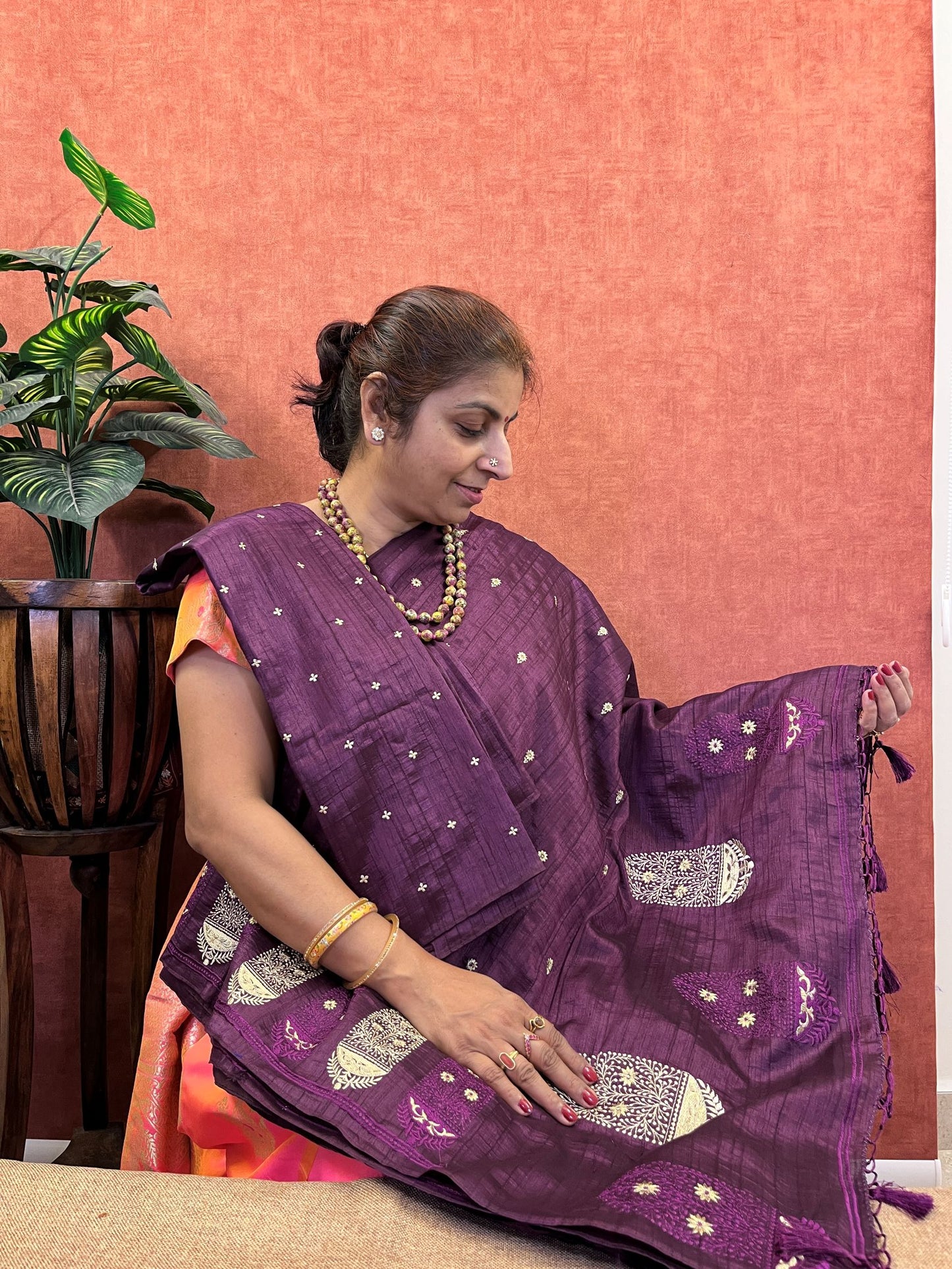 Semi Tussar Silk Saree - Purple Color with Embroidery Work