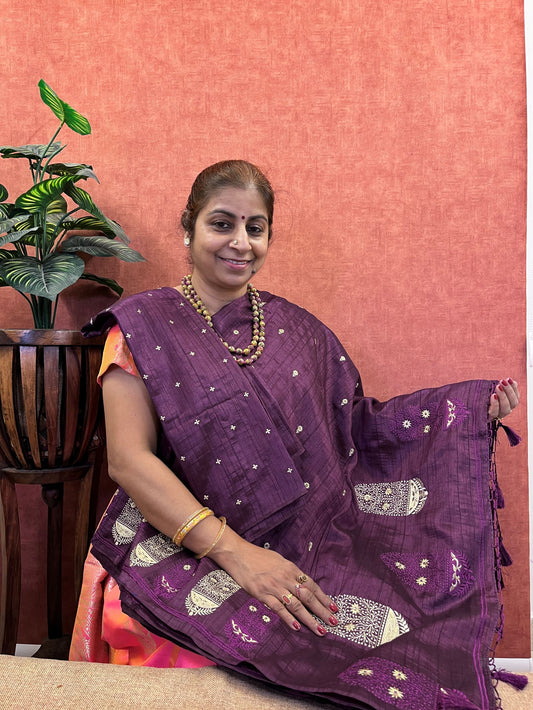 Semi Tussar Silk Saree - Purple Color with Embroidery Work