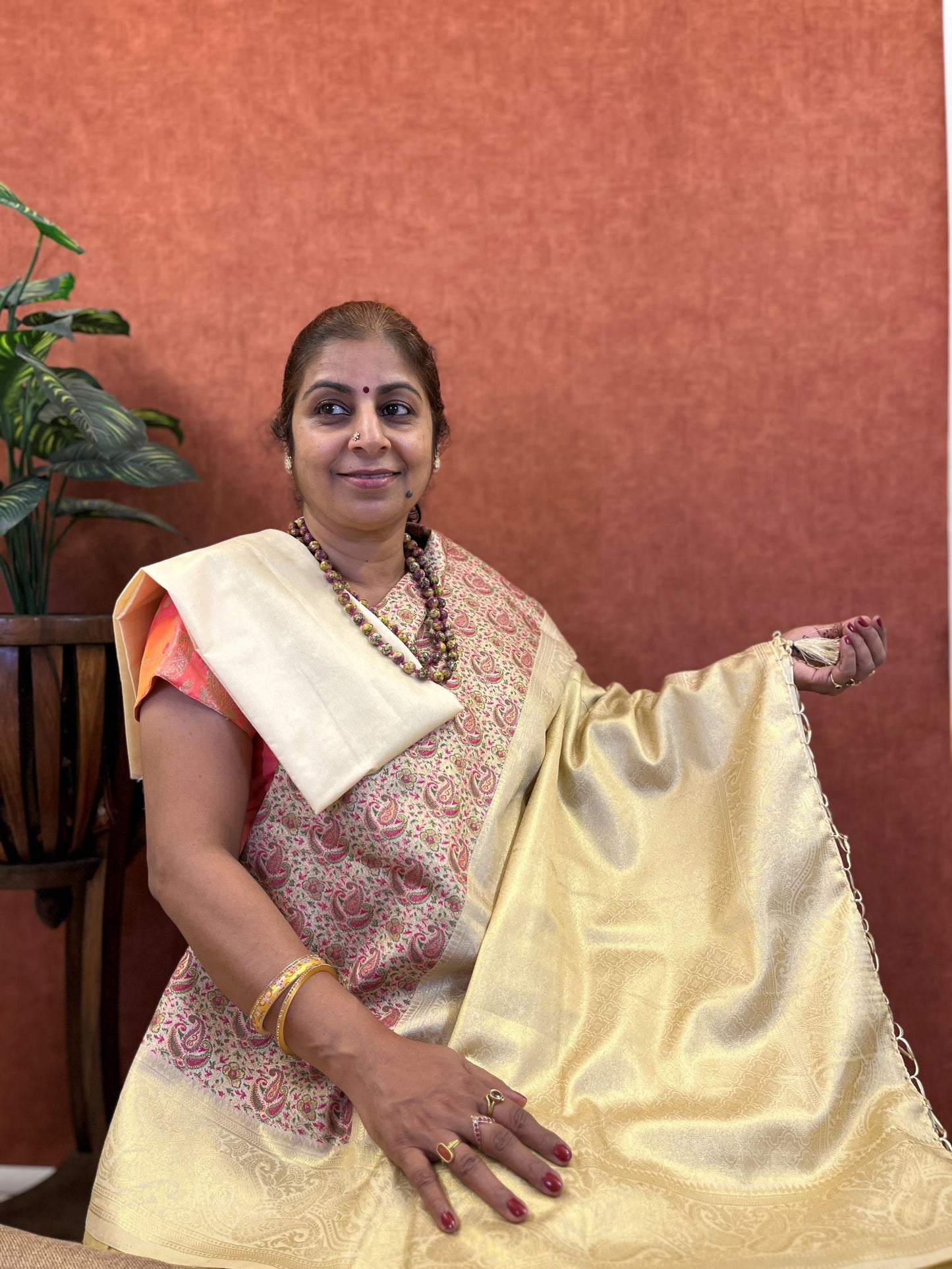 Semi Banaras Kadiyal Silk - Ivory Color with Mango Zari Design