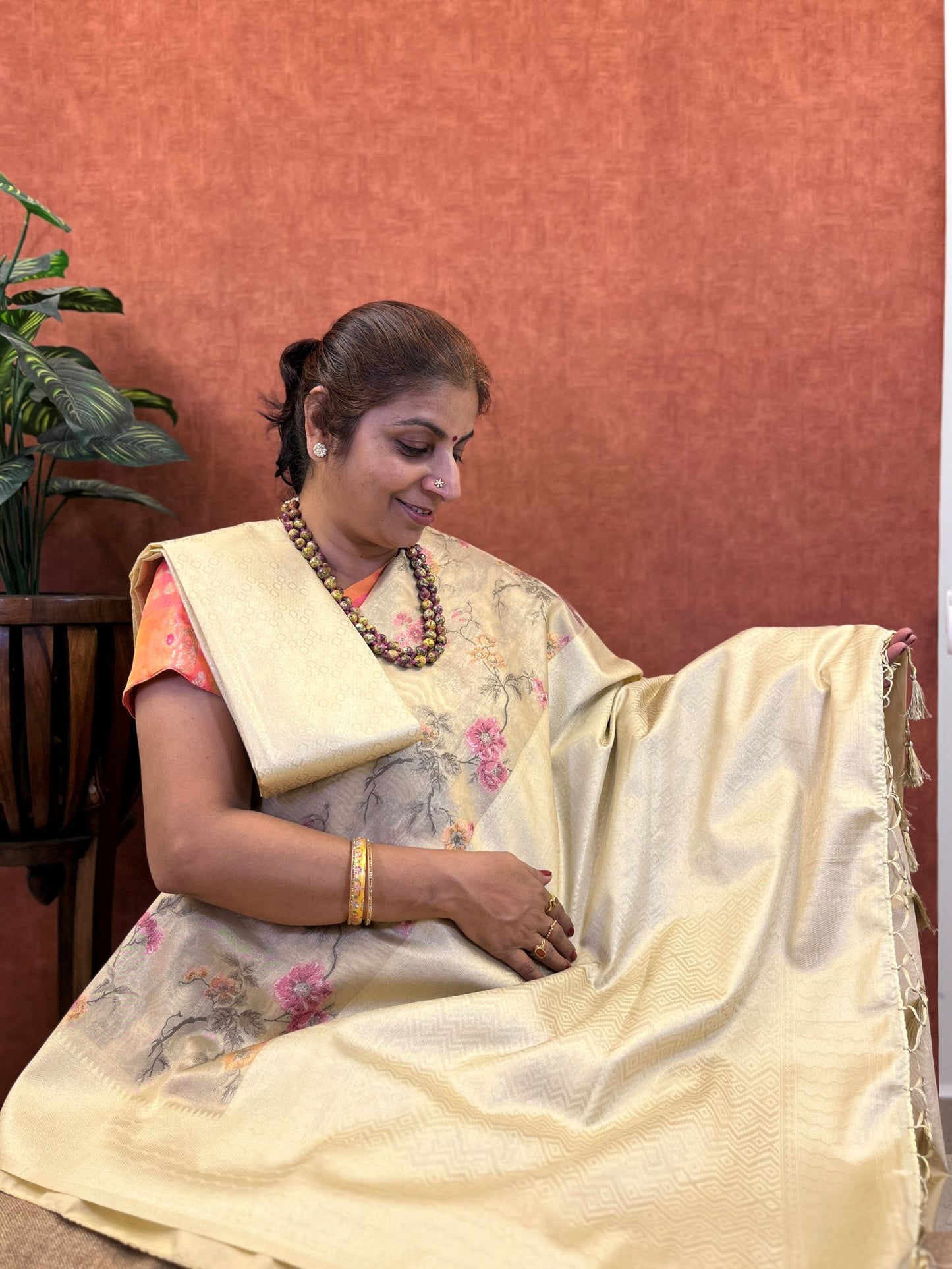 Semi Handloom Tissue Silk - Cream Color with Floral Creeper Design