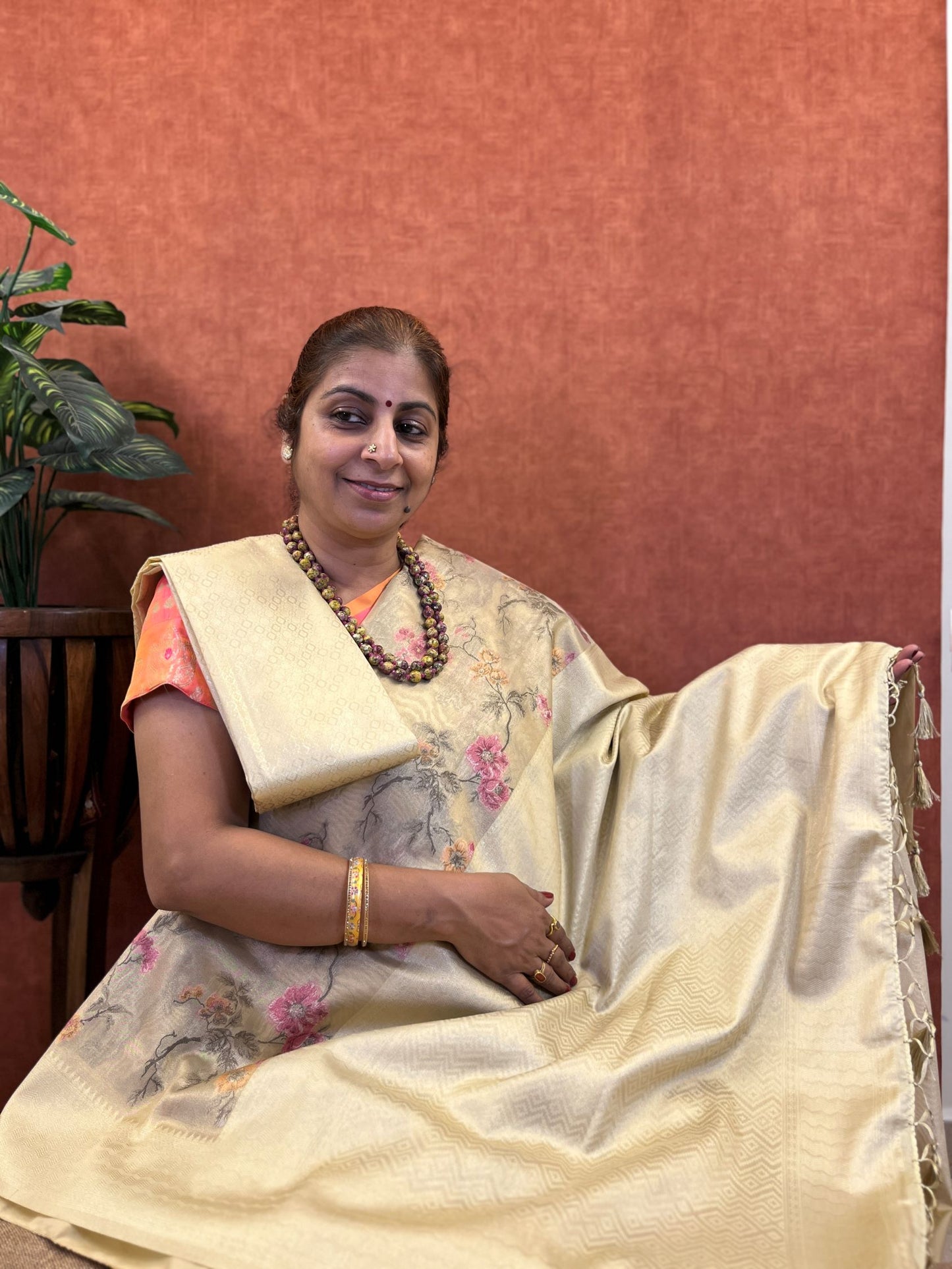 Semi Handloom Tissue Silk - Cream Color with Floral Creeper Design