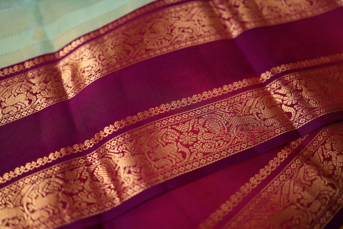 Pure Silk Saree - Pista Green Color with Purple Color Zari Border