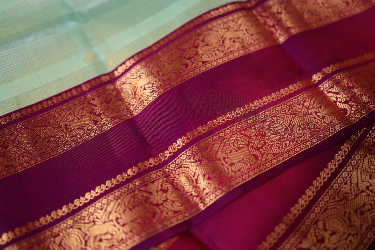 Pure Silk Saree - Pista Green Color with Purple Color Zari Border