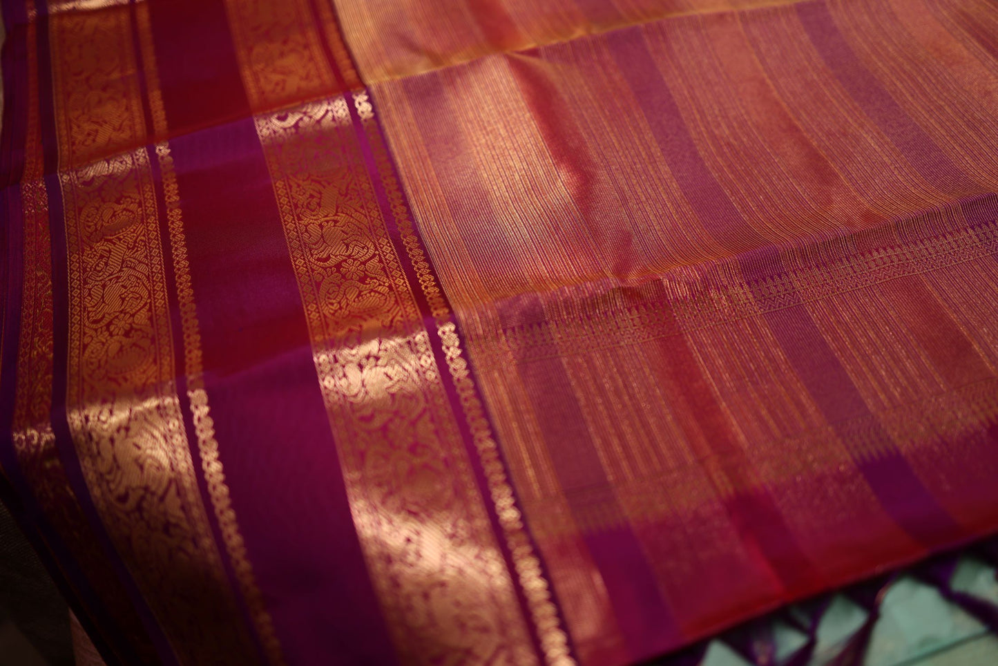 Pure Silk Saree - Pista Green Color with Purple Color Zari Border