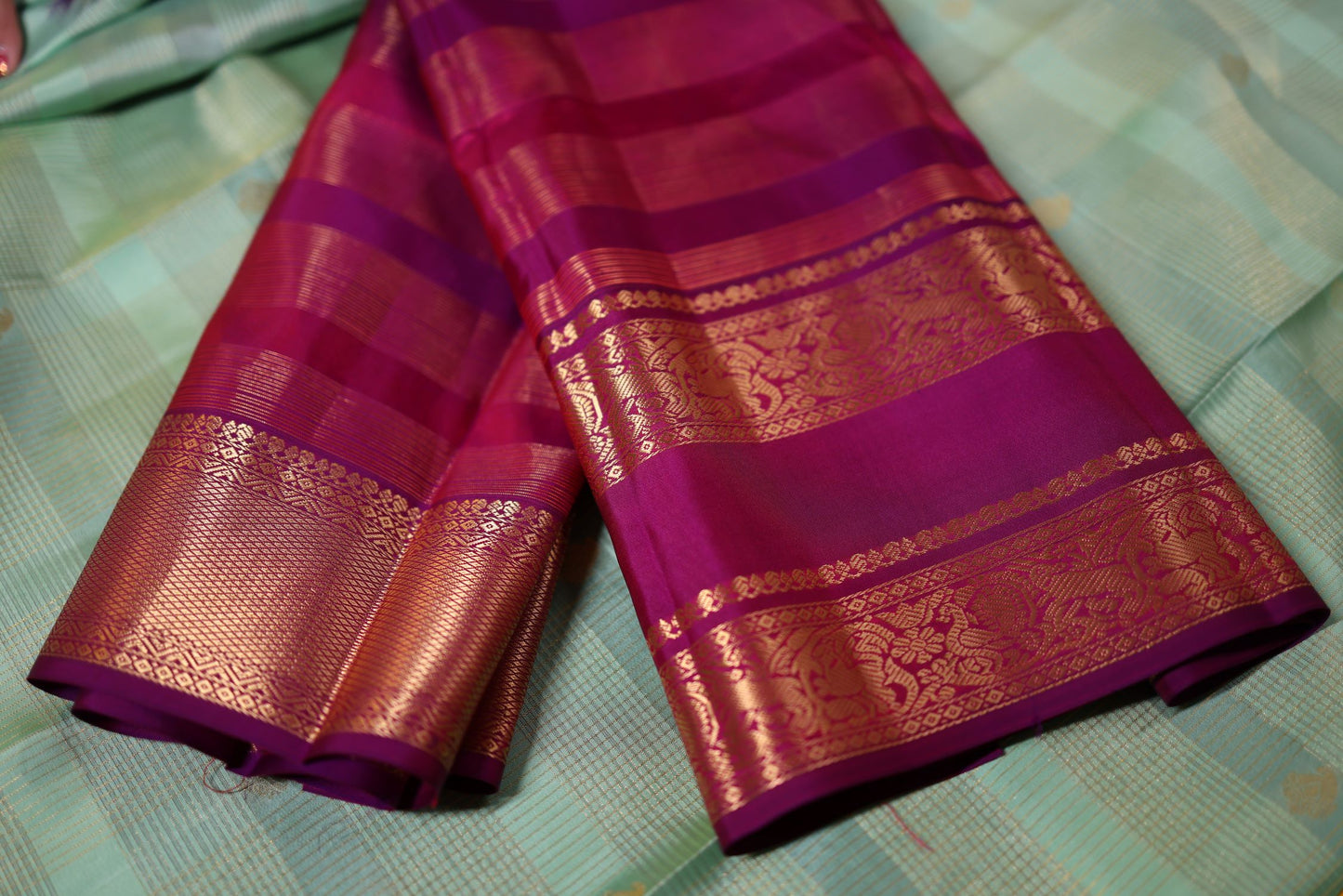 Pure Silk Saree - Pista Green Color with Purple Color Zari Border