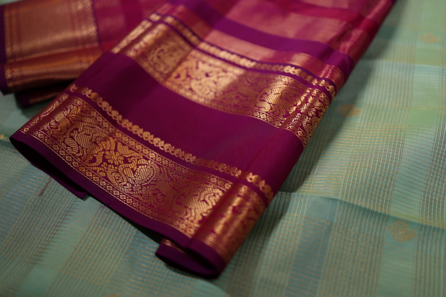 Pure Silk Saree - Pista Green Color with Purple Color Zari Border