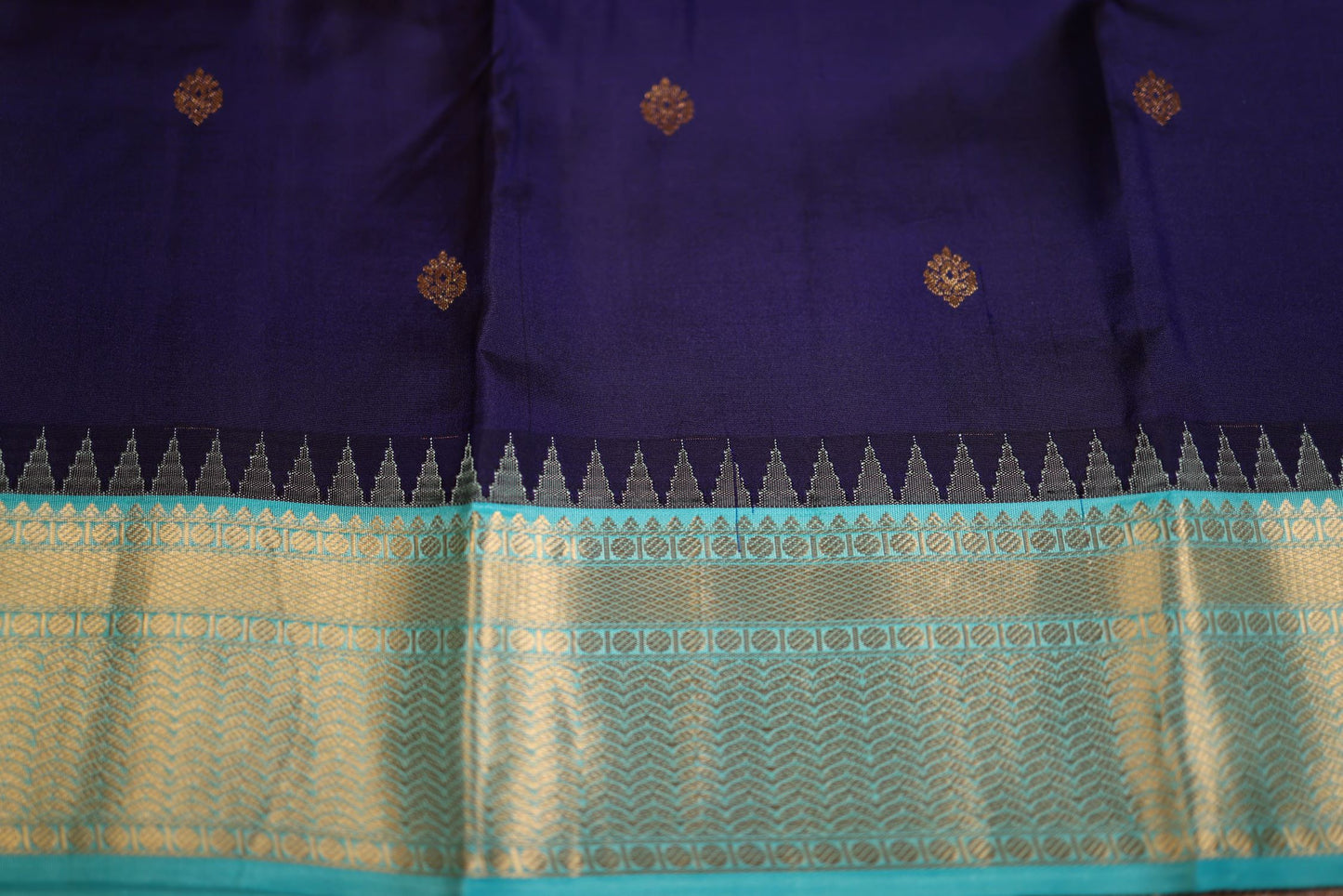 Pure Silk Saree - Navy Blue Color with Aqua Green Zari Border