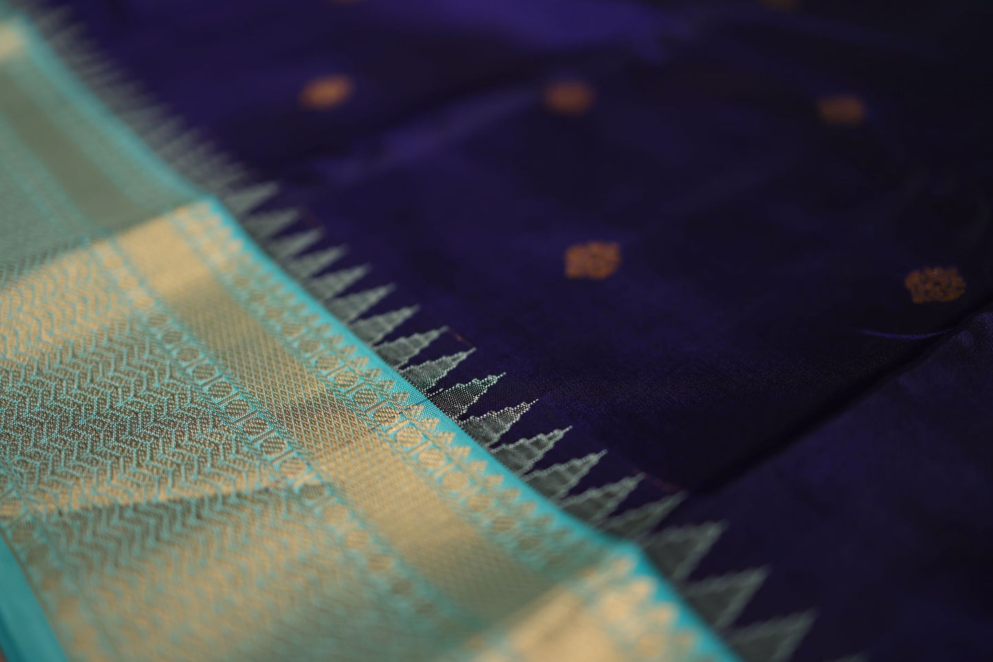 Pure Silk Saree - Navy Blue Color with Aqua Green Zari Border