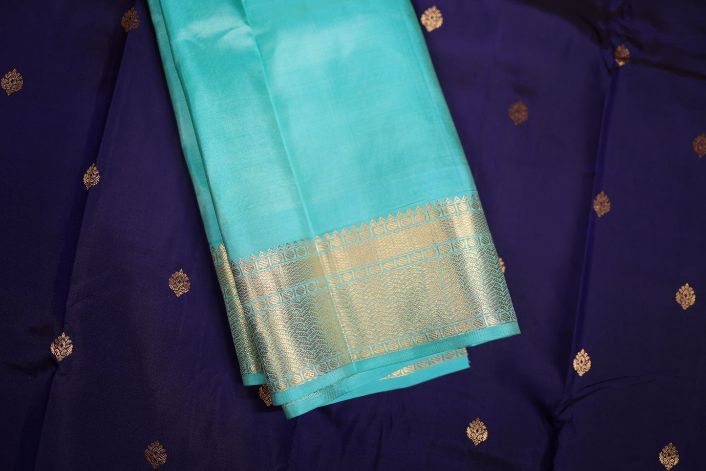 Pure Silk Saree - Navy Blue Color with Aqua Green Zari Border