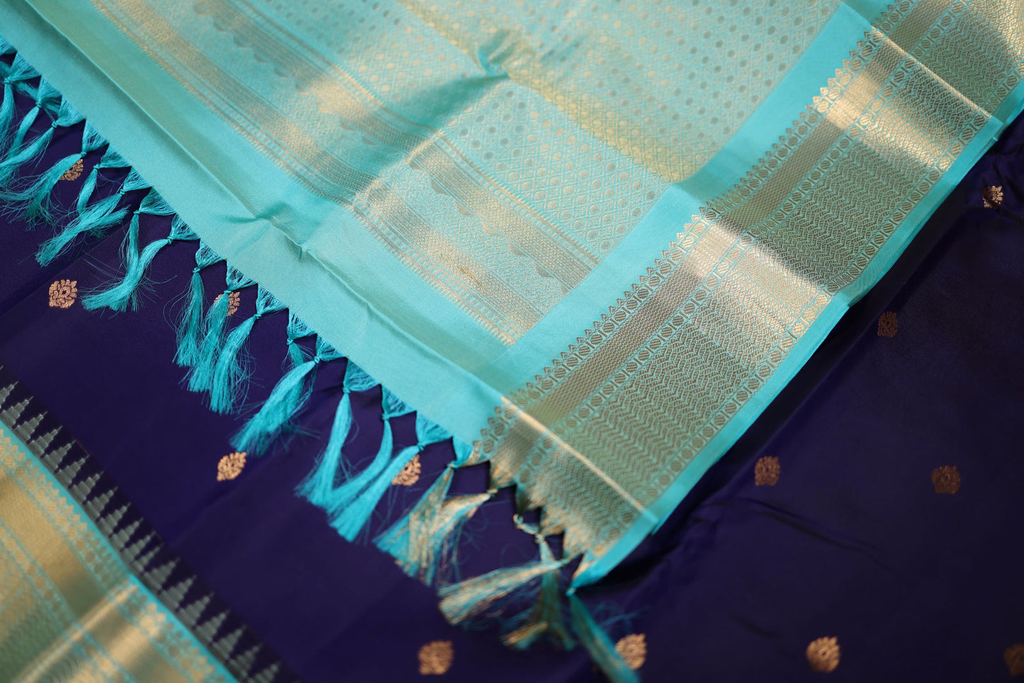 Pure Silk Saree - Navy Blue Color with Aqua Green Zari Border